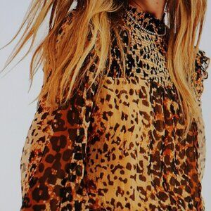 Free People Brown Leopard Smocked Long-Sleeve Mock